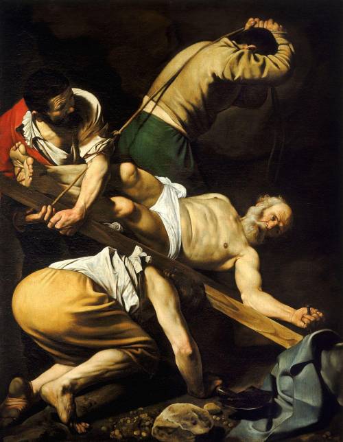 Observe the following painting The Crucifixion of St. Peter and describe the contrast and movemen