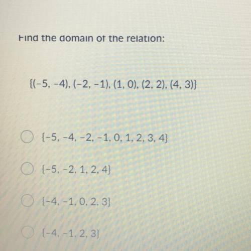 Find the domain of the relation:

{(-5, -4), (-2, -1), (1, 0), (2, 2), (4,3)}
O {-5, -4, -2, -1, 0