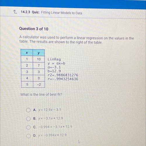 DO IN 20 minutes help pleaseA calculator was used to perform a linear regression on the values