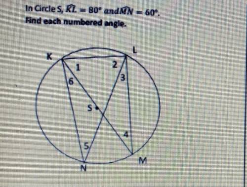 In this circle S, KL=80 and MN=60.

Please help me find the measures of 
Angle 1, angle 2, Angle 3