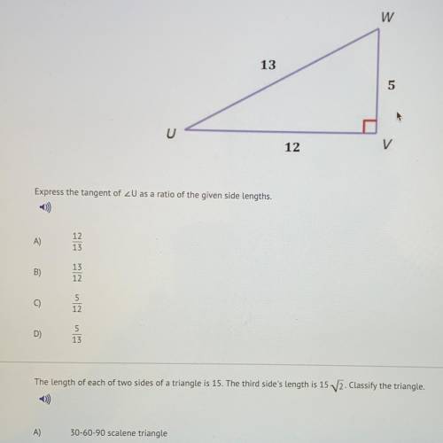 Express the tangent of angle U as a ratio of the given side lengths.