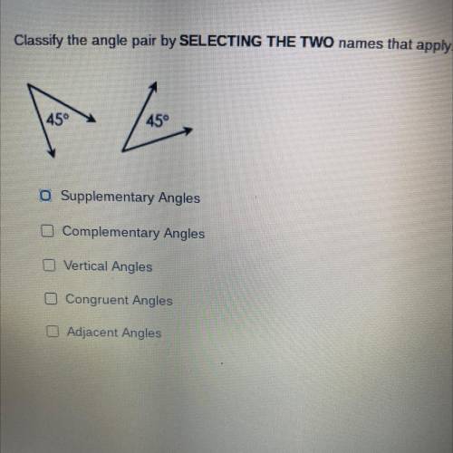Classify the angle pair by SELECTING THE TWO names that apply.