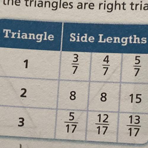 12. The side lengths of three triangles are shown.
Which of the triangles are right triangles?