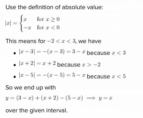 Rewrite without absolute value for the given conditions: y =|x −3|+|x +2|−|x −5|, if −2
