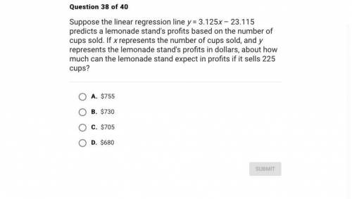 Suppose the linear regression line y = 3.125x – 23.115 predicts a lemonade stand's profits based on