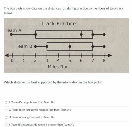 The box plots show data on the distances run during practice by members of two-track teams. Which s