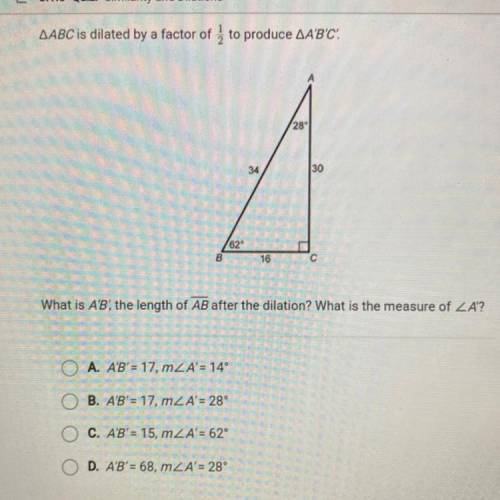 AABC is dilated by a factor of , to produce AA'B'C!

28
34
30
62
16
What is A'B', the length of AB