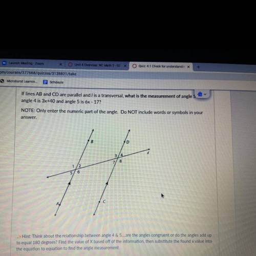 If lines AB and CD are parallel and I is a transversal, what is the measurement of angle 5

angle