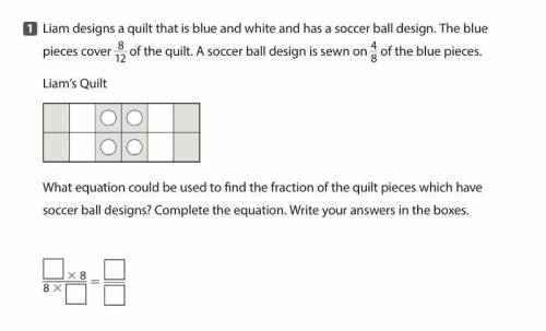 Liam designs a quilt that is blue and white and has a soccer ball design. The blue pieces cover 8/1