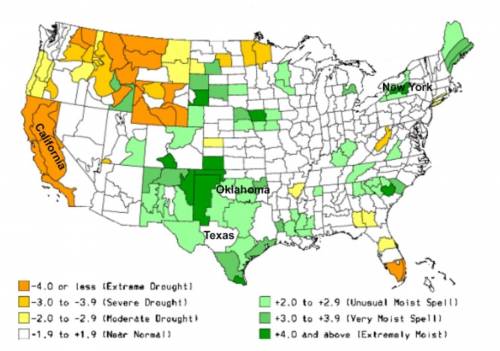 This map shows the intensity of drought conditions across the United States. Using the information