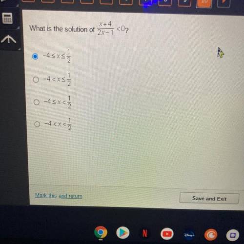 PLZ HELP ASAP!! what is the solution of x+4/2x-1 < 0?