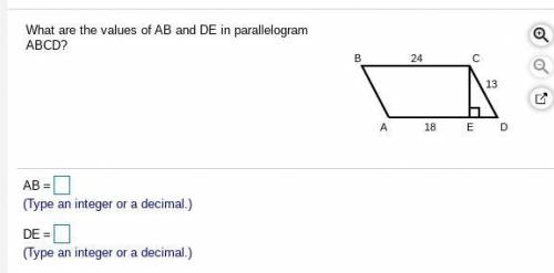 What are the values of AB and DE in parallelogram​ ABCD?
SOMEONE PLEASE HELP ME ITS URGENT