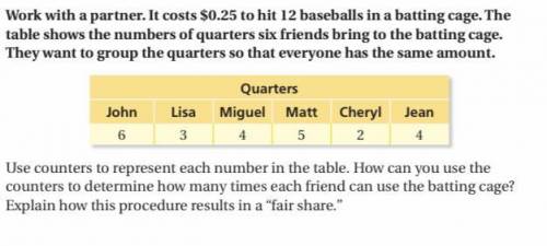 It costs $0.25 to hit 12 baseballs in a batting cage. The table shows the numbers of quarters six f