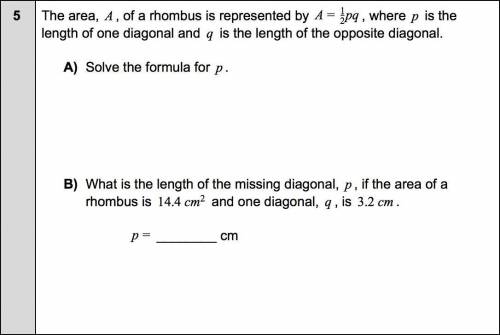 solve the formula for p & What is the length of the missing diagonal, p , if the area of a rhom