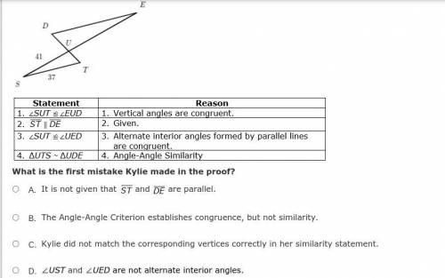 Kylie tried to prove that ΔUTS ~ ΔUDE in the following figure, but she made a mistake. Her work is