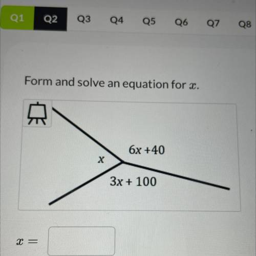Form and solve an equation for x.
6x +40
x
3x + 100
X =
1