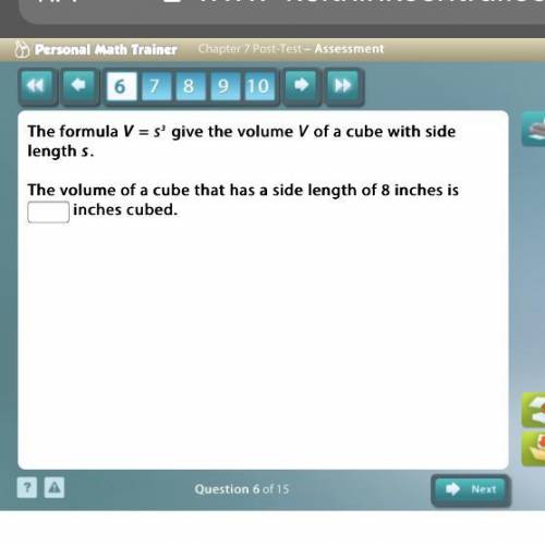 The formula V = s3 give the volume V of a cube with side length s.

The volume of a cube that has