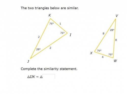Geometry help please. Complete the similarity statement of these two triangles.
