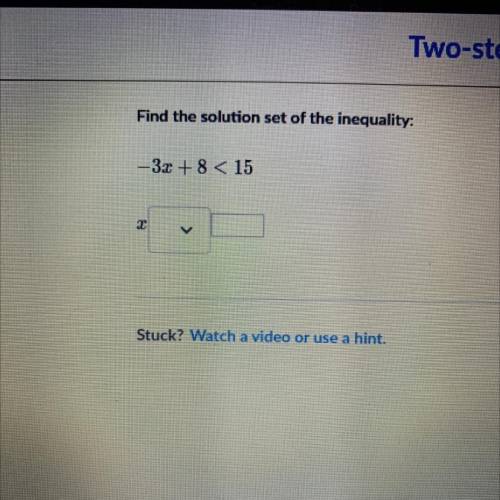 Find the solution set of the inequality:
-3x + 8 < 15