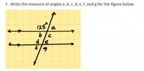 Help me please! Write the measure of angles a, b, c, d, e, f, and g for the figure below.

I need