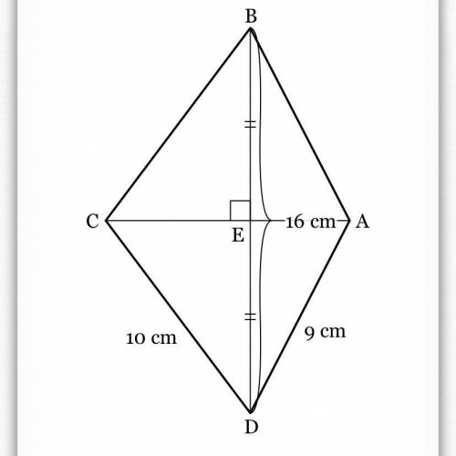 D

ABCD is a kite, so 
A
C
‾
AC
⊥
⊥ 
D
B
‾
DB
and 
D
E
=
E
B
DE=EB. Calculate the length of 
A
C
‾