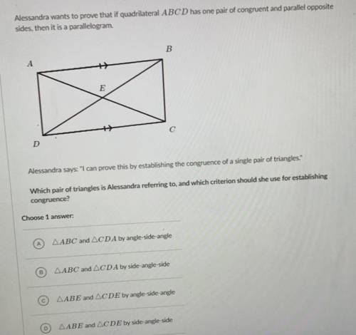 Which pair of triangles is Alessandra referring to, and which criterion should she use for establis