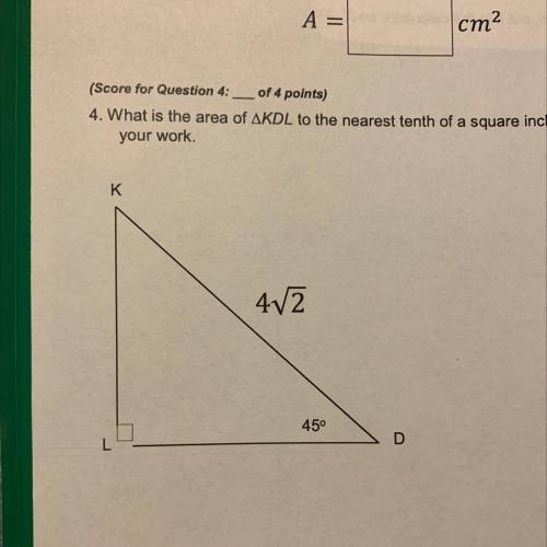 What is the area of KDL to the nearest tenth of a square inch? Use special right triangles to help