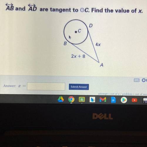 AB and AD
are tangent to OC. Find the value of x.