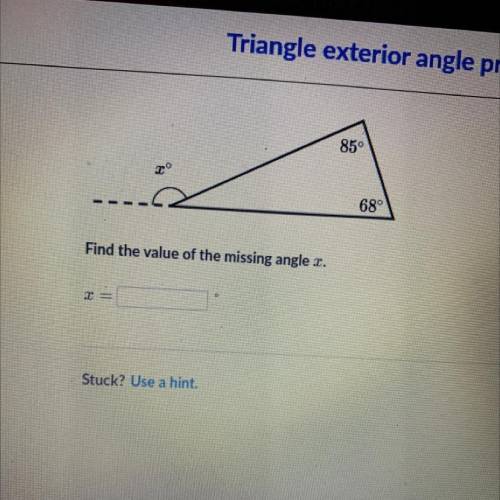 Find the value of the missing angle x. 
85
68