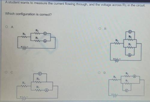 A student wants to measure the current flowing through, and the voltage across R1 in the circuit. W