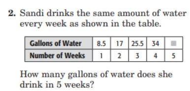 Sandi drinks the same amount of water every week as shown in the table. How many gallons of water d