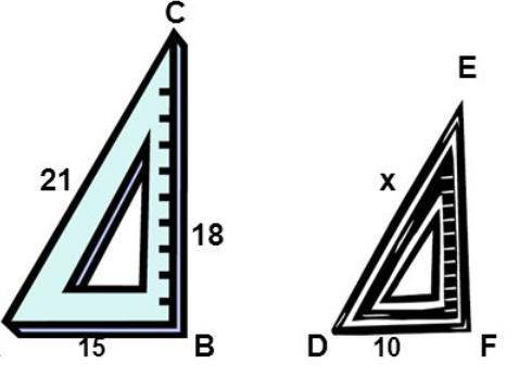 Si los dos triángulos ABC y DFE son proporcionales, ¿Cuál será la longitud del lado DE del triángul