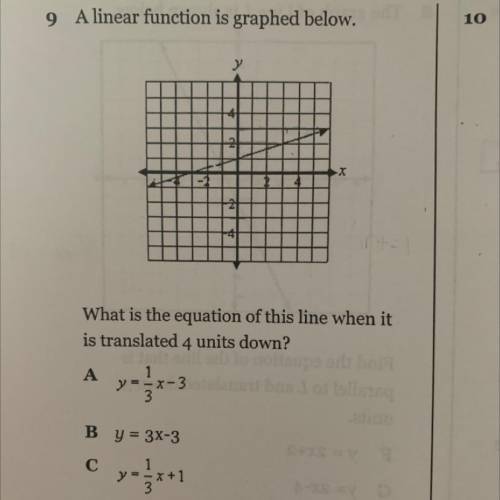 A linear function is graphed below.

What is the equation of this line when it
is translated 4 uni