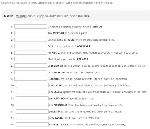 Country name unscrambling in French. Worksheet attached below:

(Will gift Thanks, 5 stars, and Br