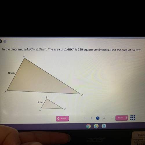 In the diagram, triangle ABC ~ triangle DEF. The area of triangle ABC is 180 square centimeters. Fi