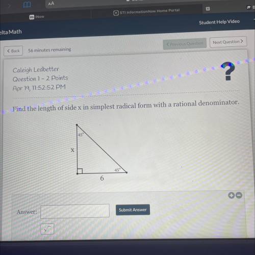 Find the length of side X in simplest radical form with a rational denominator