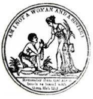 African American woman in chains on ground, Caucasian woman with scales in one hand reaching out to
