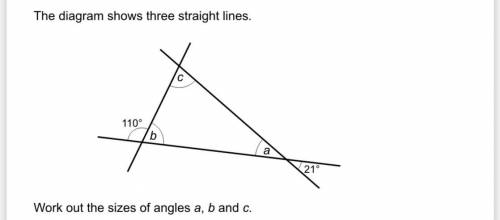 The diagram shows three straight lines. Work out the sizes of angles a,b and c