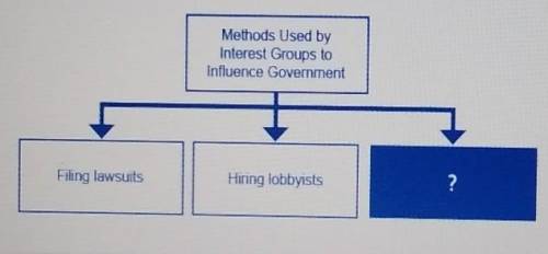 Which phrase best completes the diagram? Methods Used by Interest Groups to Influence Government Fi