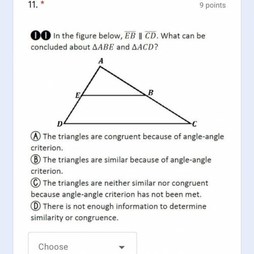 In the figure below, EB || CD. What can be concluded about angles ABE and angles ACD?