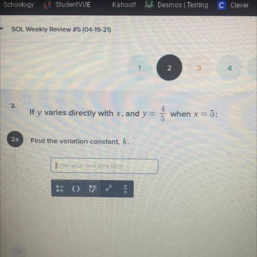 If y varies directly with x, and y= 4/5 when x= 5:
Find the variation constant, k