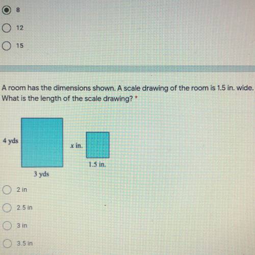 A room has the dimensions shown. A scale drawing of the room is 1.5 in. wide.

What is the length