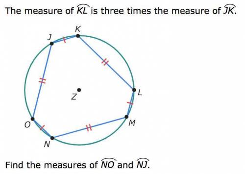 The measure of KL is three times the measure of JK. Find the measures of NO and NJ.

Measure of ar