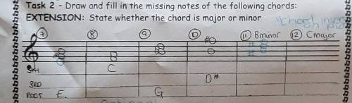 Task 2 - Draw and fill in the missing notes of the following chords:

EXTENSION: State whether the