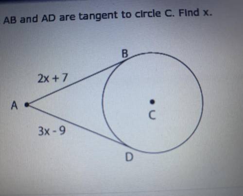 AB and AD tangent to circle C. Find X.