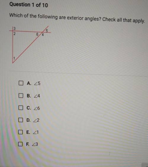 Which of the following are exterior angles? Check all that apply. 3 2. 6/4 DA 5 O B. 24 O C. 26 D.