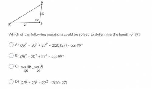 Which of the following equations could be solved to determine the length of QR?