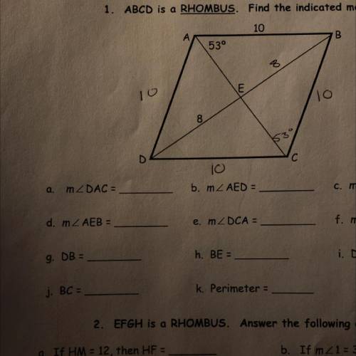 ABCD is a rhombus. Find the indicated measure(s).