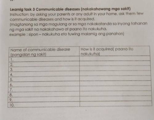 Learnig task 3 Communicable diseases (nakakahawang mga sakit)

Instruction: by asking your parents