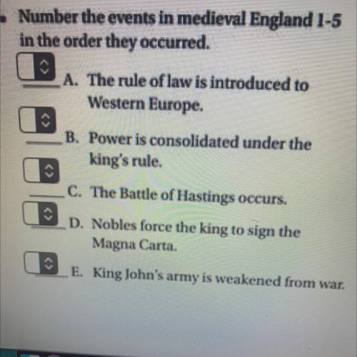PLEASE HELPP !!

Number the events in medieval England 1-5
in the order they occurred.
A. The rule